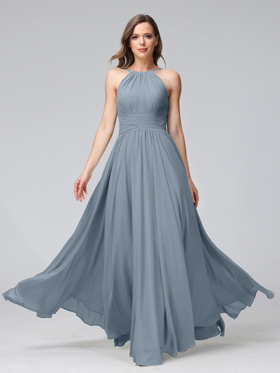 A-Line Halter Sleeveless Ruched Floor-Length Chiffon Bridesmaid Dresses Dusty Blue