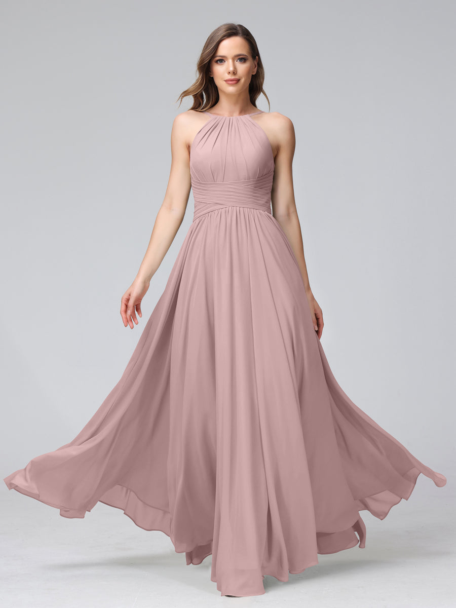 A-Line Halter Sleeveless Ruched Floor-Length Chiffon Bridesmaid Dresses Dusty Pink