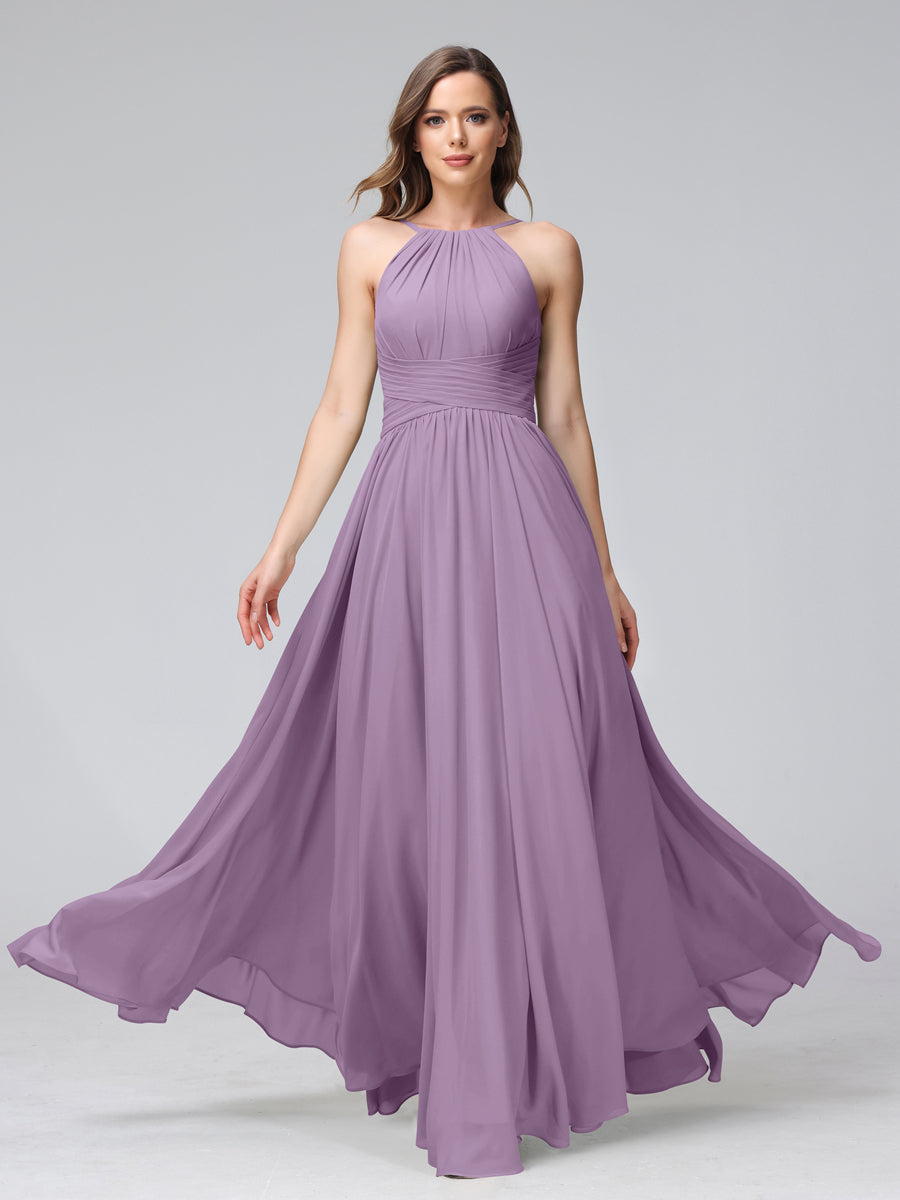 A-Line Halter Sleeveless Ruched Floor-Length Chiffon Bridesmaid Dresses Dusty Purple