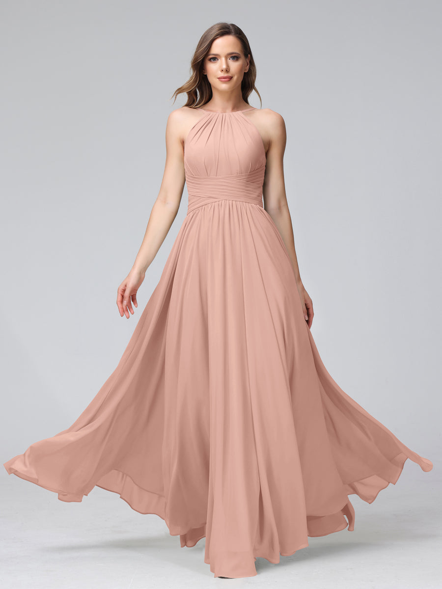 A-Line Halter Sleeveless Ruched Floor-Length Chiffon Bridesmaid Dresses Dusty Rose