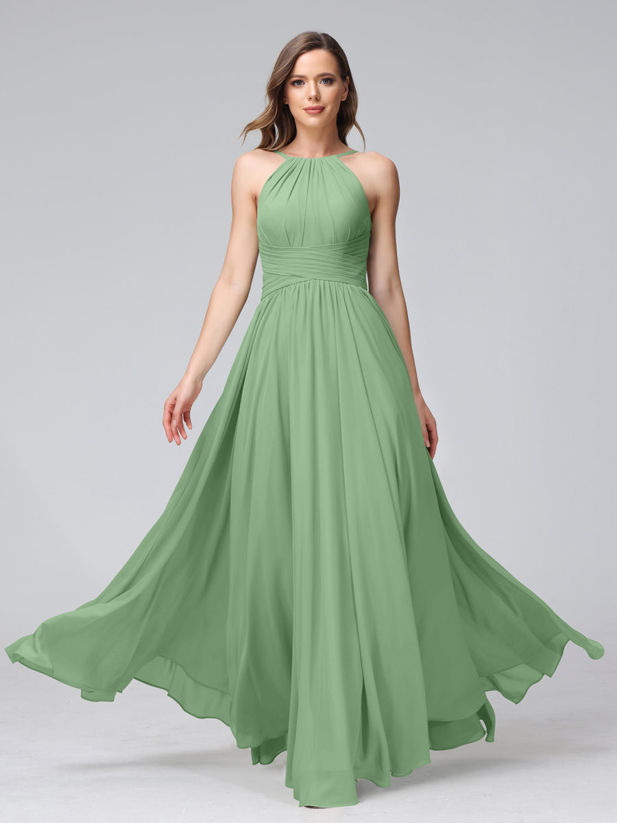 A-Line Halter Sleeveless Ruched Floor-Length Chiffon Bridesmaid Dresses Dusty Sage