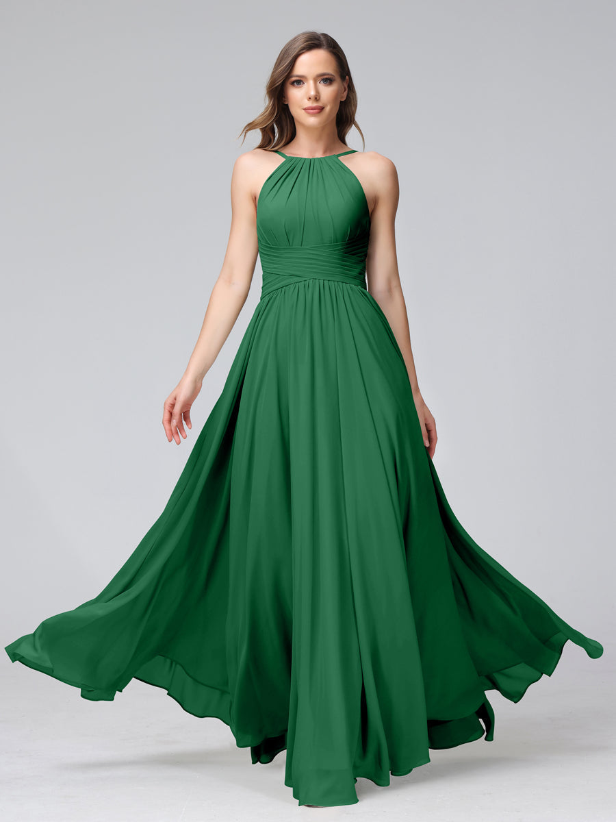 A-Line Halter Sleeveless Ruched Floor-Length Chiffon Bridesmaid Dresses Emerald