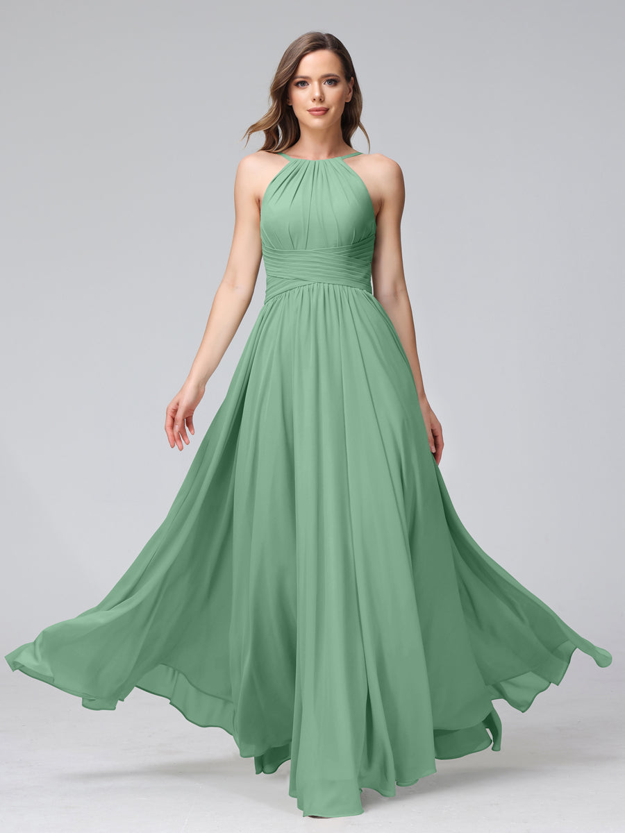 A-Line Halter Sleeveless Ruched Floor-Length Chiffon Bridesmaid Dresses Eucalyptus