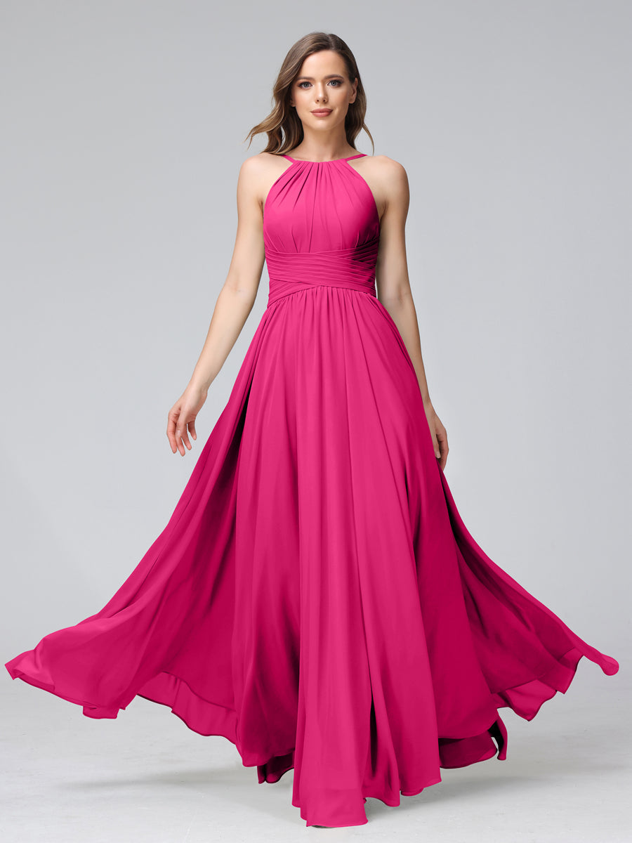 A-Line Halter Sleeveless Ruched Floor-Length Chiffon Bridesmaid Dresses Fuchsia Pink