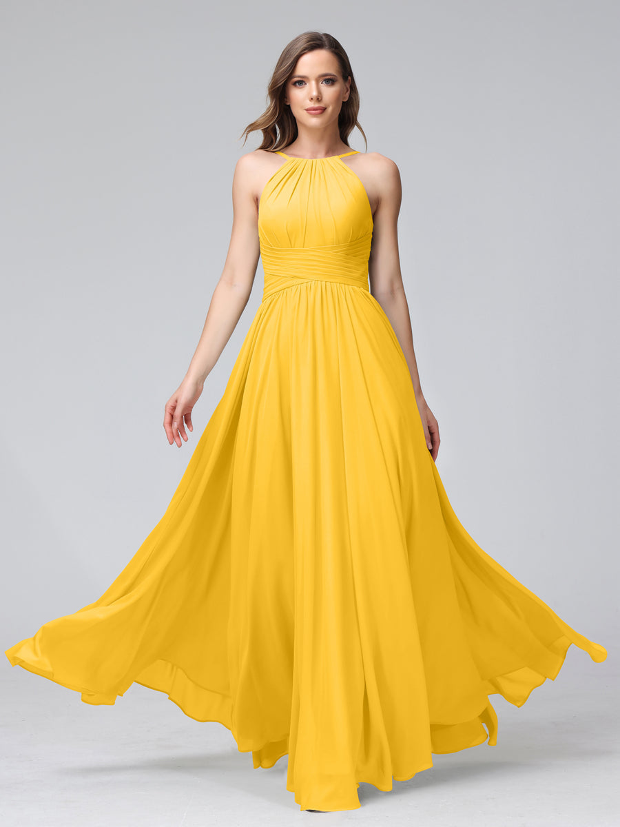 A-Line Halter Sleeveless Ruched Floor-Length Chiffon Bridesmaid Dresses Gold