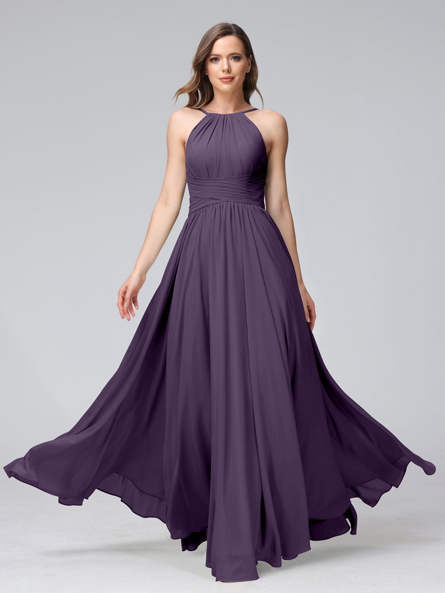 A-Line Halter Sleeveless Ruched Floor-Length Chiffon Bridesmaid Dresses Grape