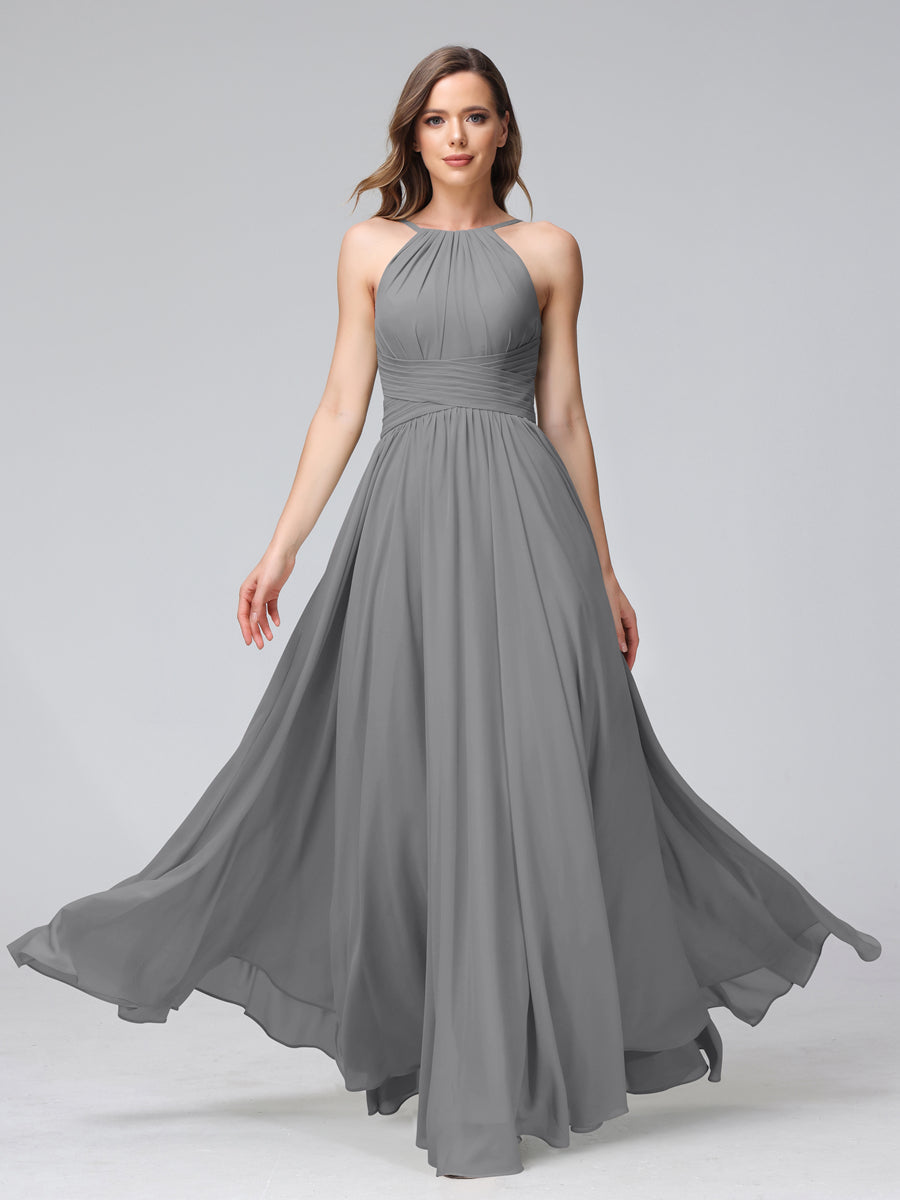 A-Line Halter Sleeveless Ruched Floor-Length Chiffon Bridesmaid Dresses Gray