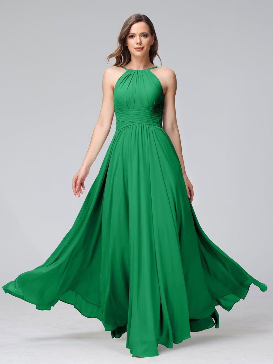 A-Line Halter Sleeveless Ruched Floor-Length Chiffon Bridesmaid Dresses Green