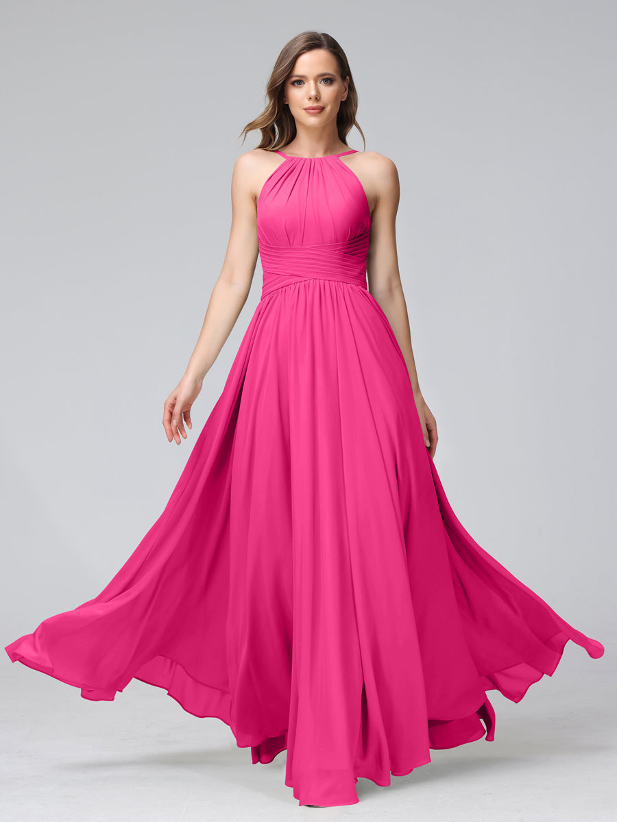 A-Line Halter Sleeveless Ruched Floor-Length Chiffon Bridesmaid Dresses Hot Pink
