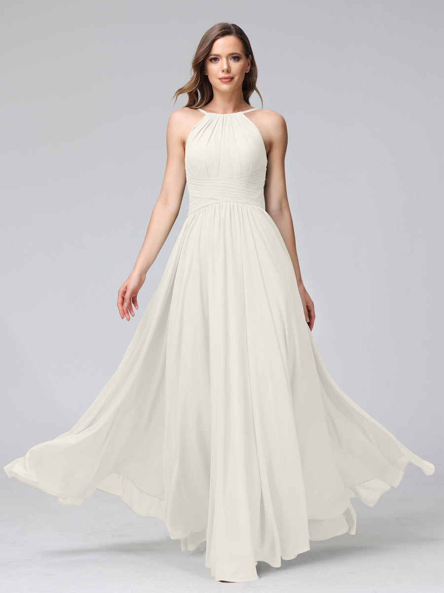 A-Line Halter Sleeveless Ruched Floor-Length Chiffon Bridesmaid Dresses Ivory