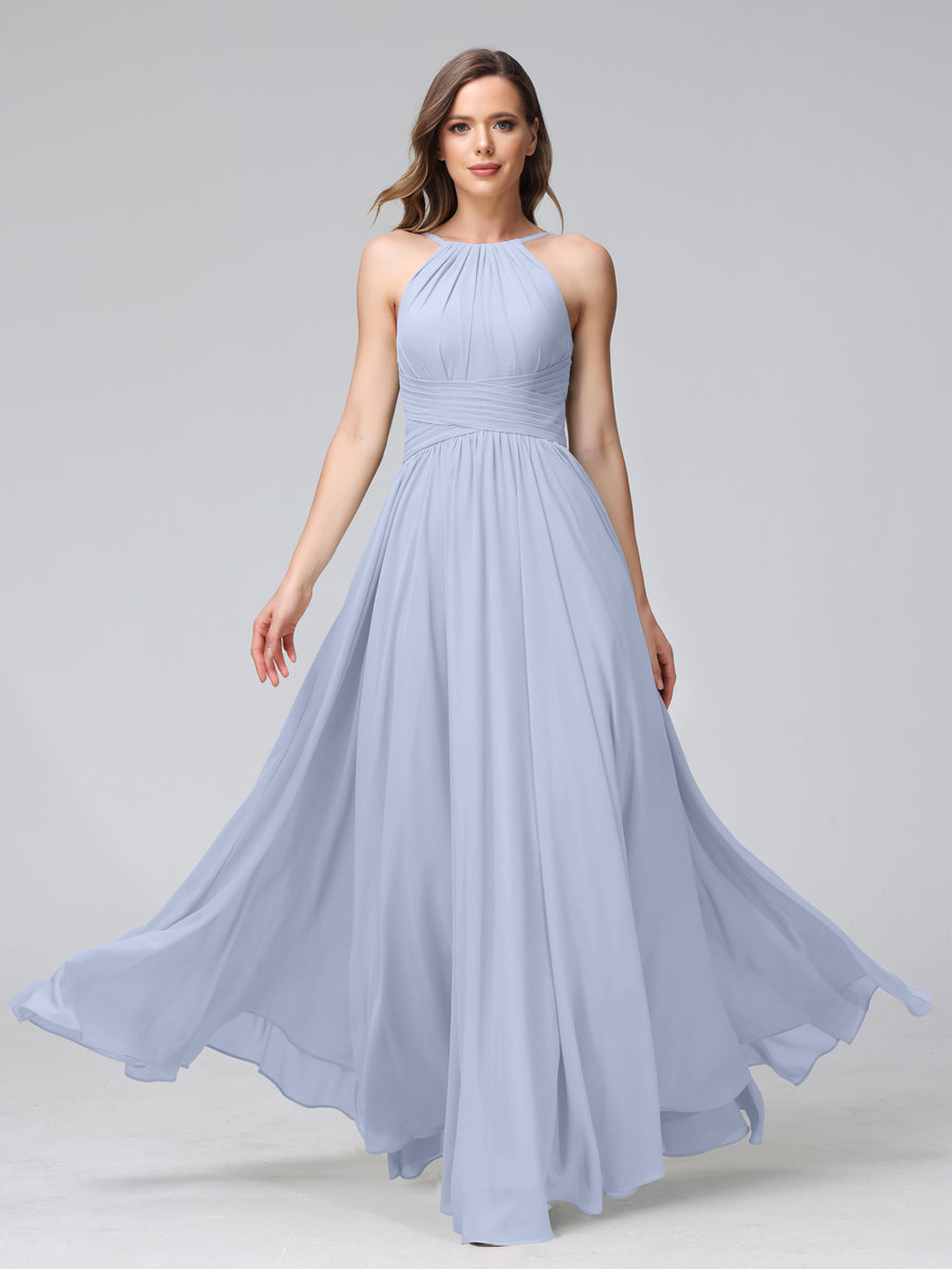 A-Line Halter Sleeveless Ruched Floor-Length Chiffon Bridesmaid Dresses Lavender