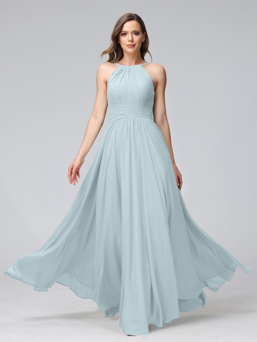A-Line Halter Sleeveless Ruched Floor-Length Chiffon Bridesmaid Dresses Light Blue