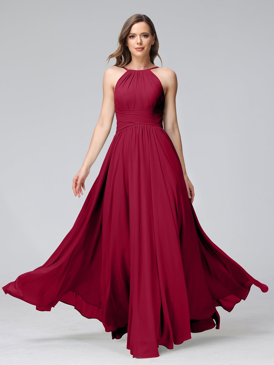 A-Line Halter Sleeveless Ruched Floor-Length Chiffon Bridesmaid Dresses Light Burgundy