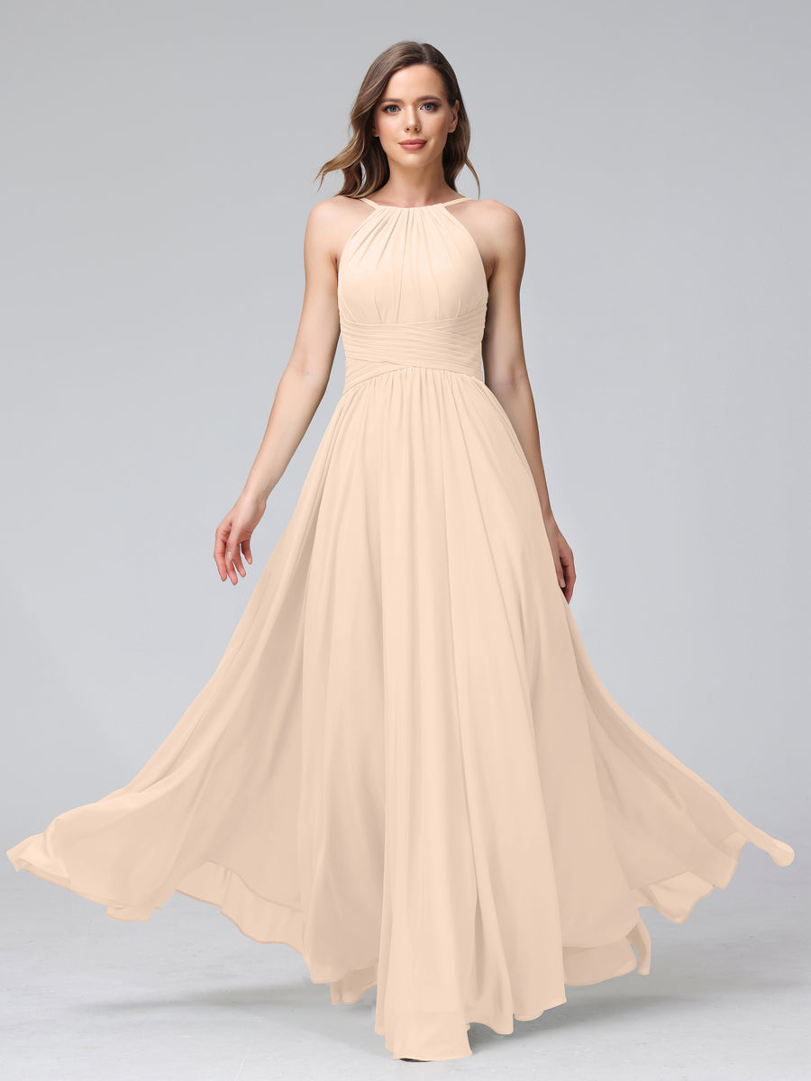 A-Line Halter Sleeveless Ruched Floor-Length Chiffon Bridesmaid Dresses Light Champagne