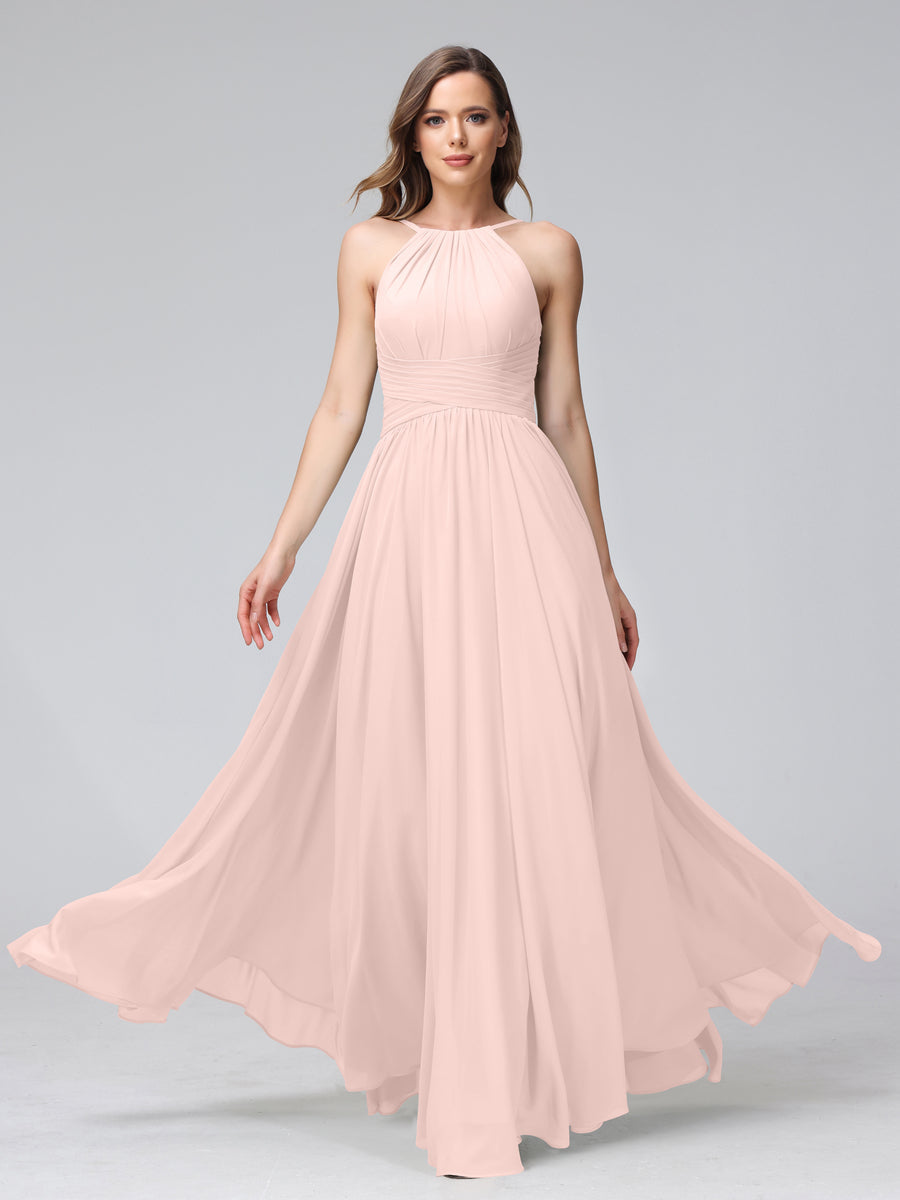 A-Line Halter Sleeveless Ruched Floor-Length Chiffon Bridesmaid Dresses Light Pink