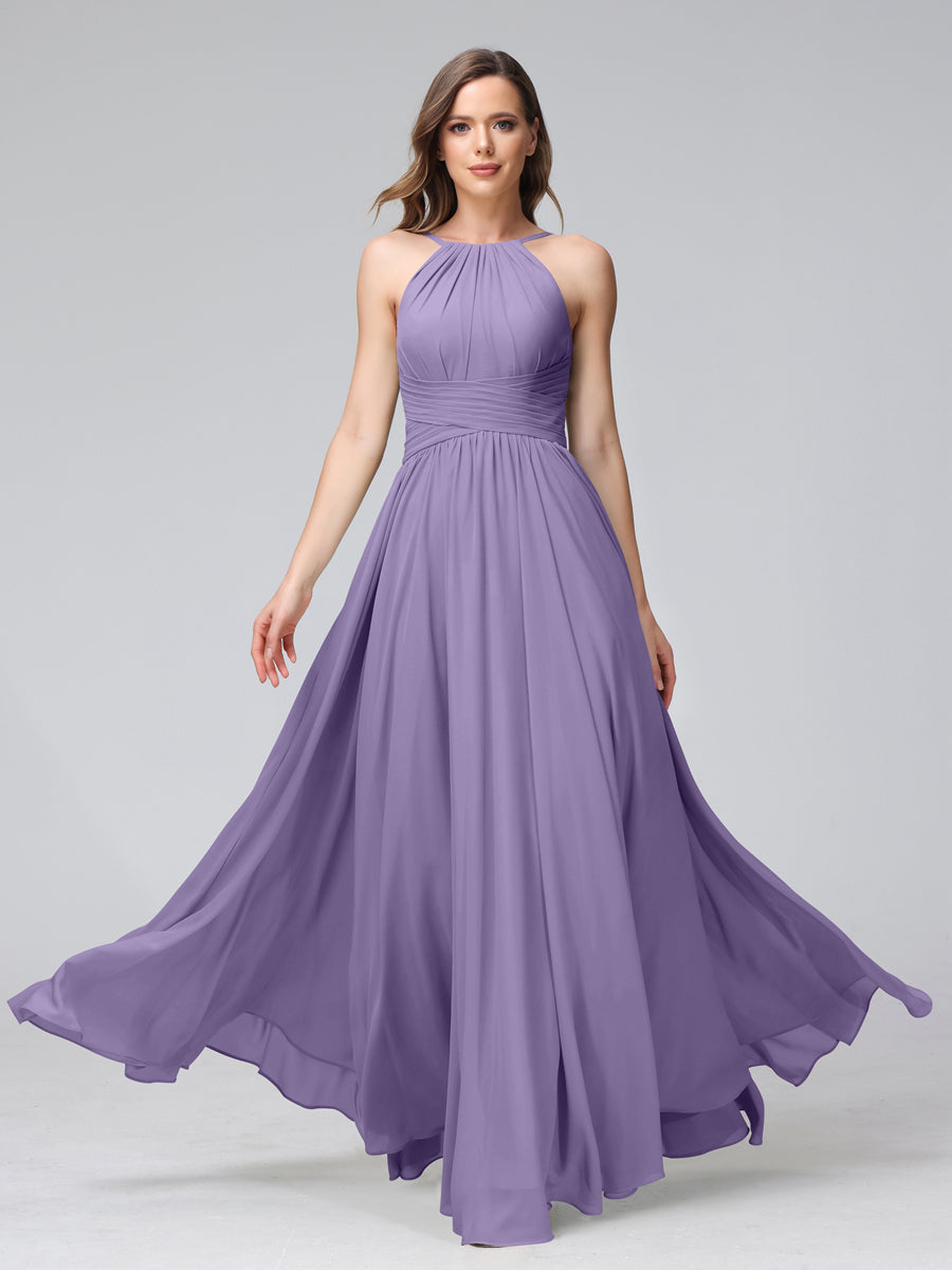 A-Line Halter Sleeveless Ruched Floor-Length Chiffon Bridesmaid Dresses Light Purple