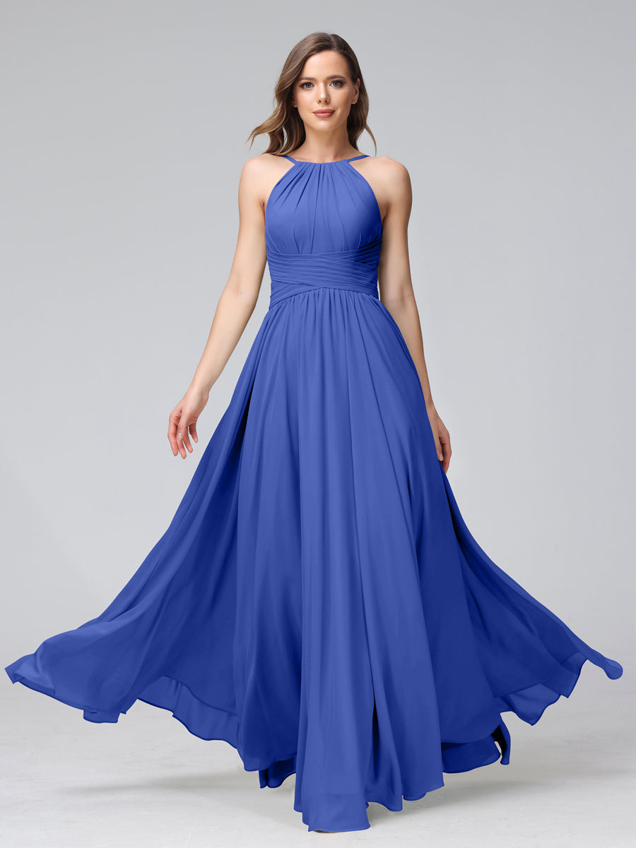 A-Line Halter Sleeveless Ruched Floor-Length Chiffon Bridesmaid Dresses Light Royal Blue