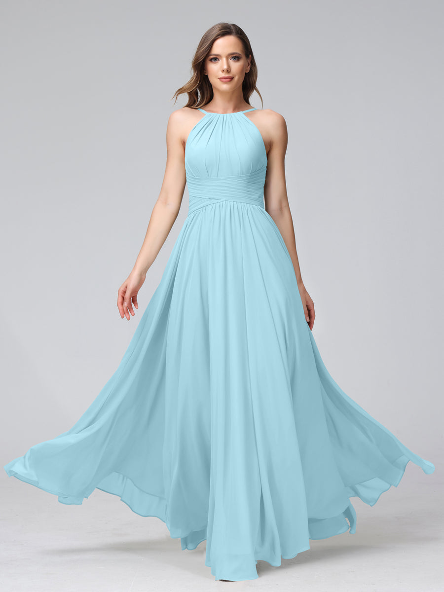A-Line Halter Sleeveless Ruched Floor-Length Chiffon Bridesmaid Dresses Light Sky Blue