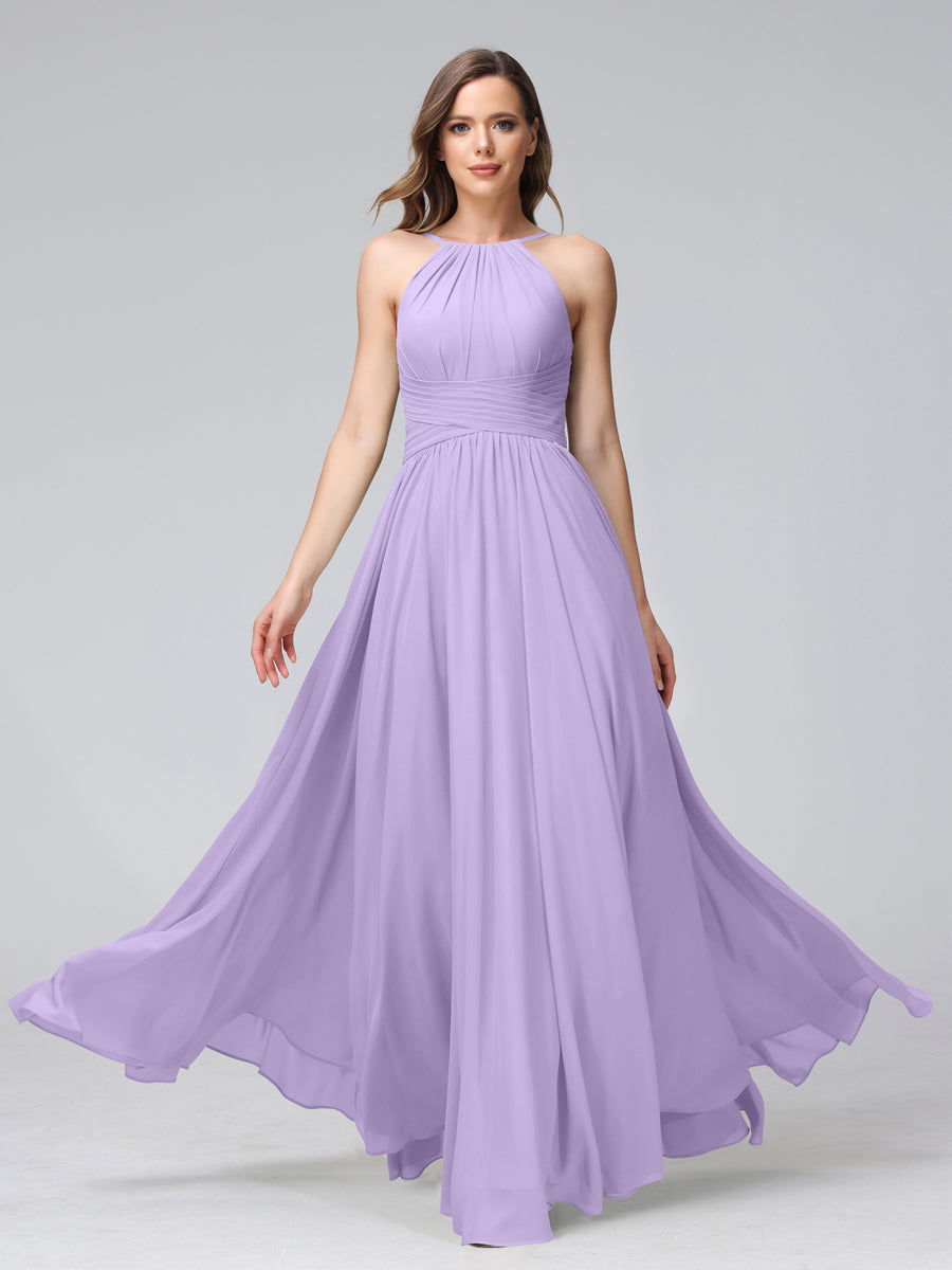 A-Line Halter Sleeveless Ruched Floor-Length Chiffon Bridesmaid Dresses Lilac