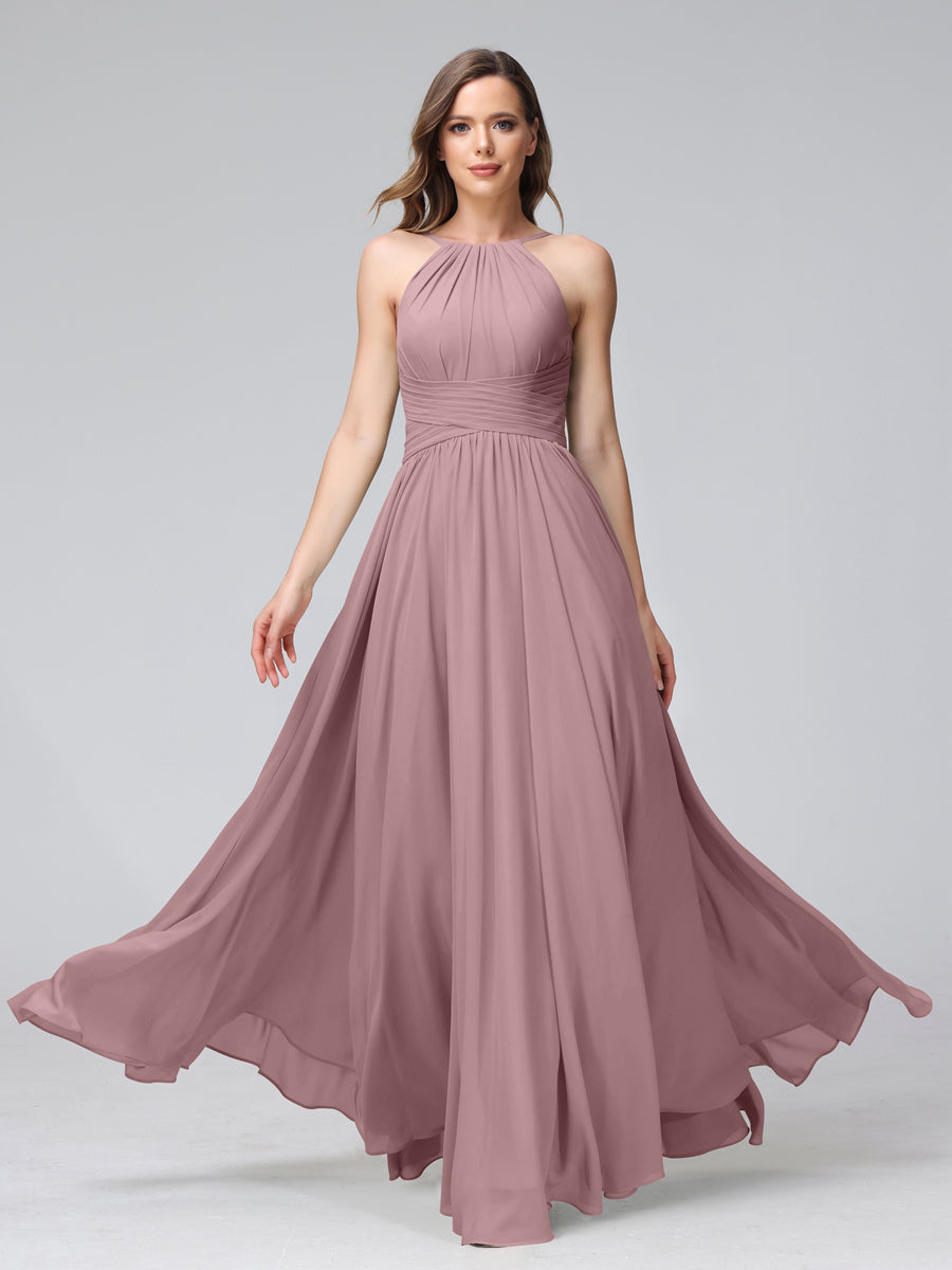 A-Line Halter Sleeveless Ruched Floor-Length Chiffon Bridesmaid Dresses Mauve