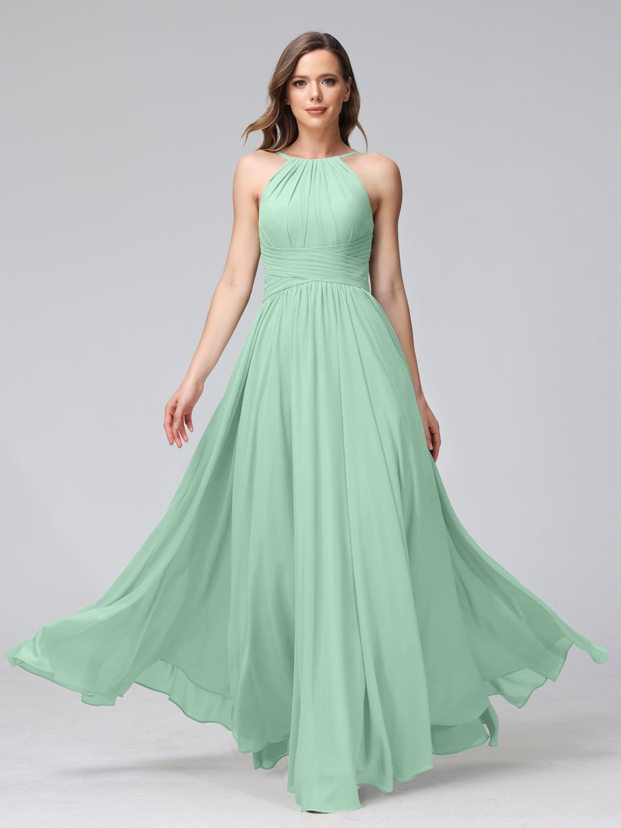 A-Line Halter Sleeveless Ruched Floor-Length Chiffon Bridesmaid Dresses Mint Green