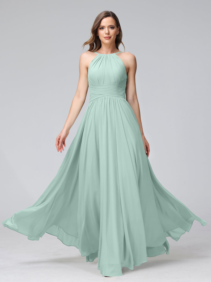 A-Line Halter Sleeveless Ruched Floor-Length Chiffon Bridesmaid Dresses Mist Blue