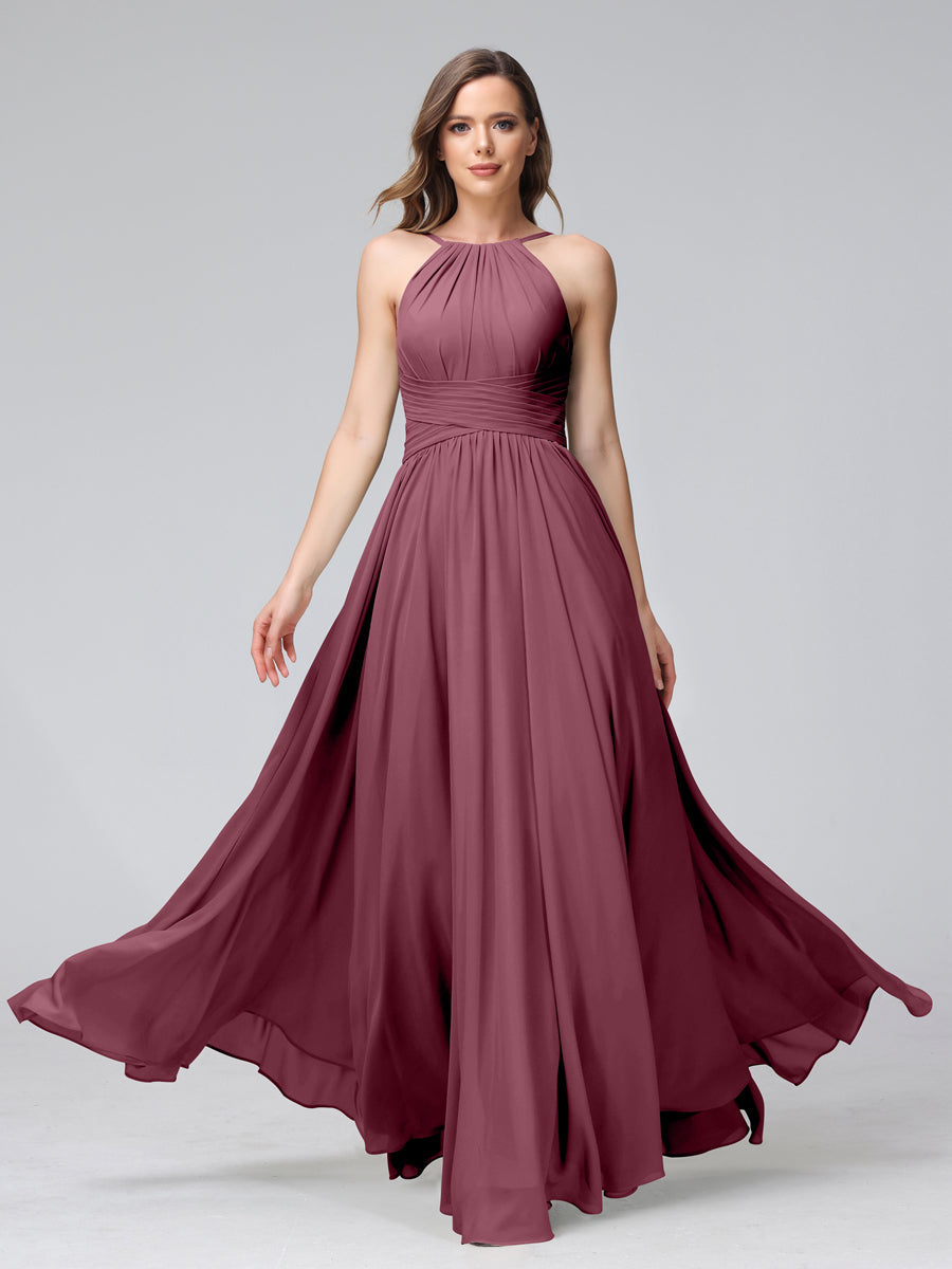 A-Line Halter Sleeveless Ruched Floor-Length Chiffon Bridesmaid Dresses Mulberry