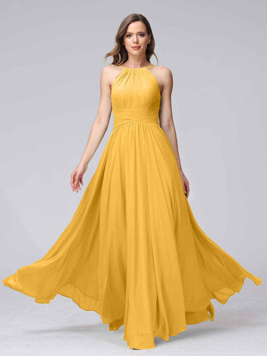 A-Line Halter Sleeveless Ruched Floor-Length Chiffon Bridesmaid Dresses Mustard Yellow