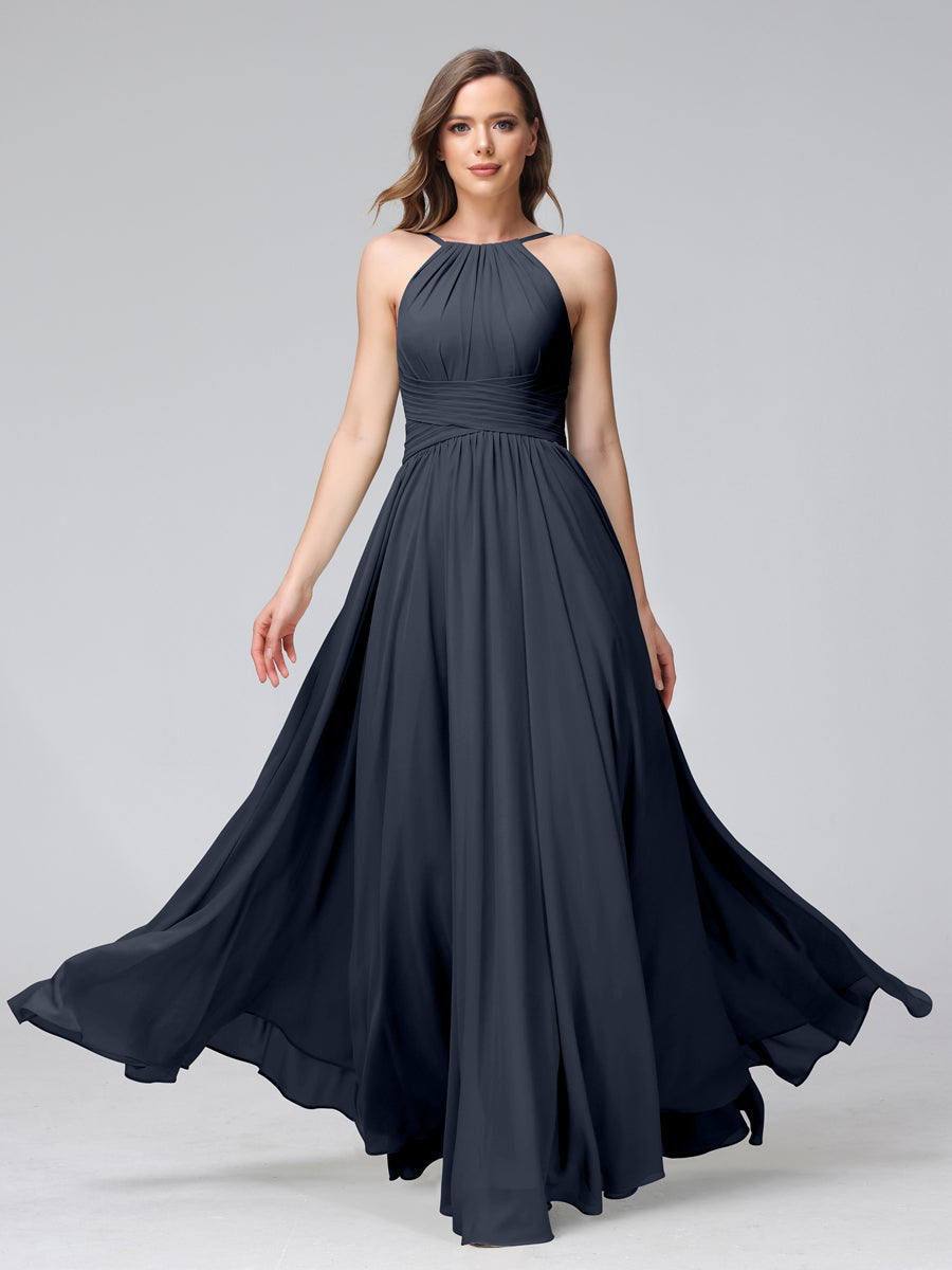 A-Line Halter Sleeveless Ruched Floor-Length Chiffon Bridesmaid Dresses Navy Blue