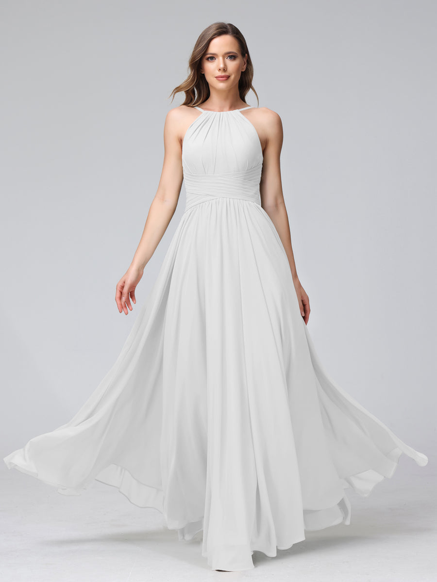 A-Line Halter Sleeveless Ruched Floor-Length Chiffon Bridesmaid Dresses Off White