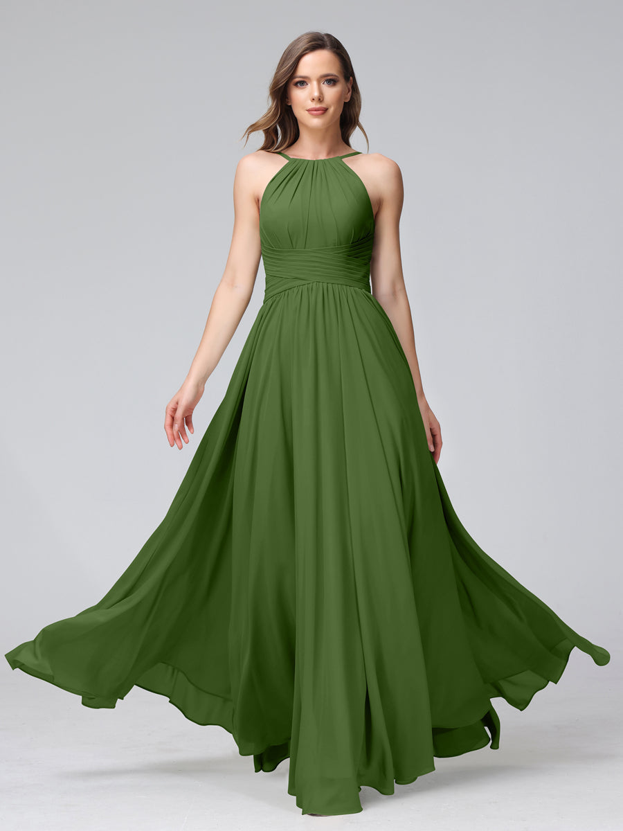 A-Line Halter Sleeveless Ruched Floor-Length Chiffon Bridesmaid Dresses Olive Green