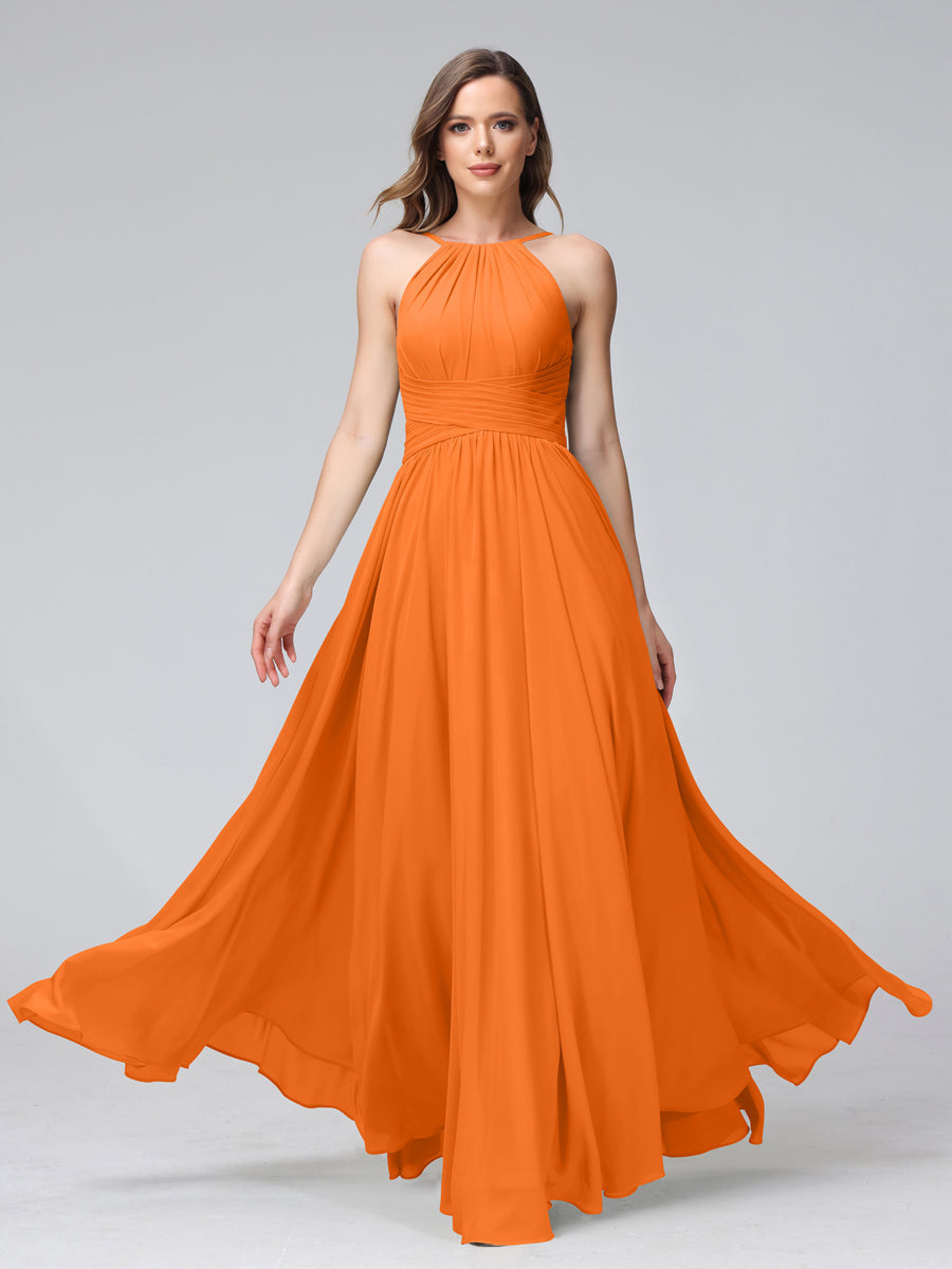 A-Line Halter Sleeveless Ruched Floor-Length Chiffon Bridesmaid Dresses Orange