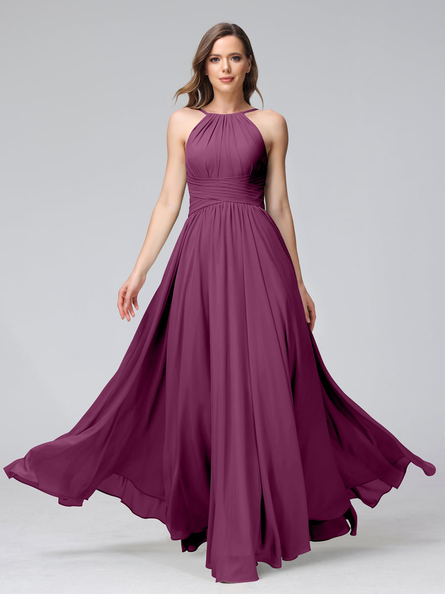A-Line Halter Sleeveless Ruched Floor-Length Chiffon Bridesmaid Dresses Orchid