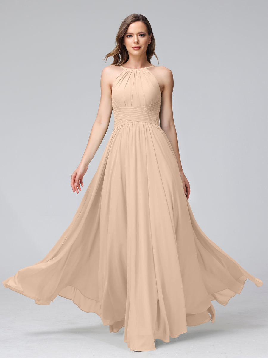 A-Line Halter Sleeveless Ruched Floor-Length Chiffon Bridesmaid Dresses Peach Pink