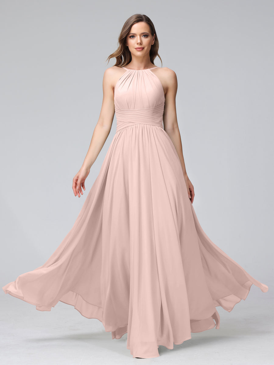 A-Line Halter Sleeveless Ruched Floor-Length Chiffon Bridesmaid Dresses Pearl Pink