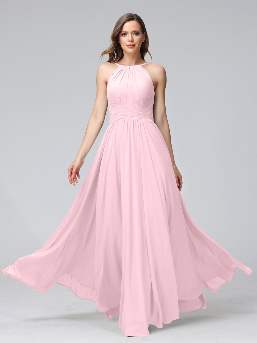 A-Line Halter Sleeveless Ruched Floor-Length Chiffon Bridesmaid Dresses Pink