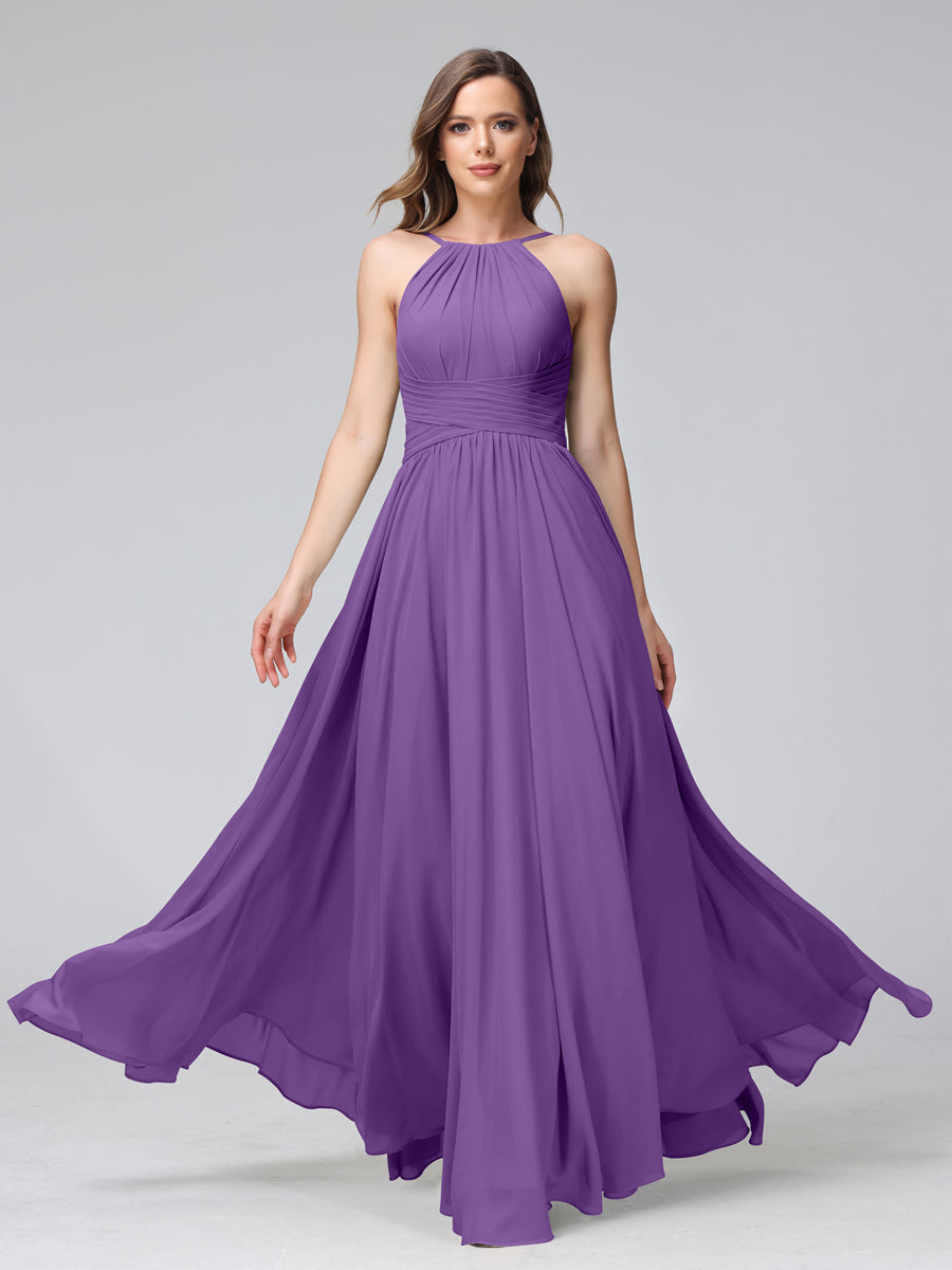 A-Line Halter Sleeveless Ruched Floor-Length Chiffon Bridesmaid Dresses Purple
