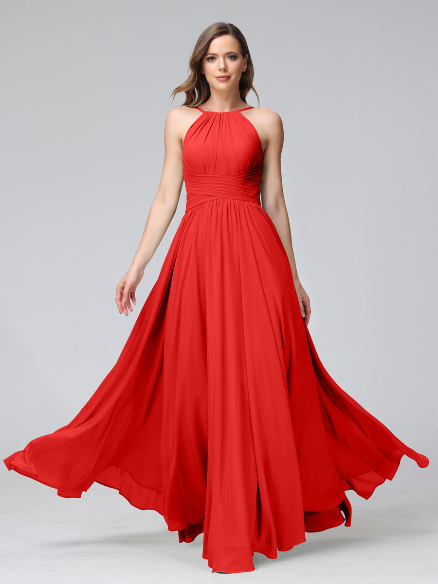 A-Line Halter Sleeveless Ruched Floor-Length Chiffon Bridesmaid Dresses Red