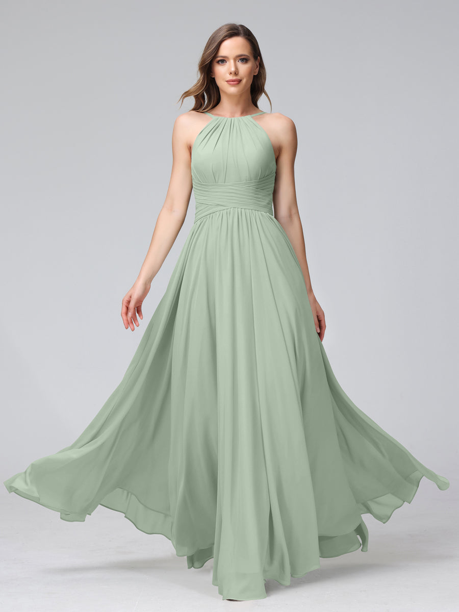 A-Line Halter Sleeveless Ruched Floor-Length Chiffon Bridesmaid Dresses Sage