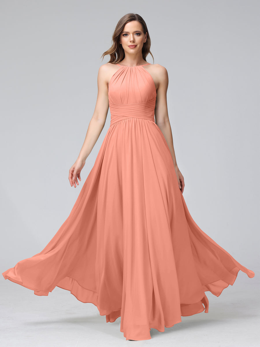 A-Line Halter Sleeveless Ruched Floor-Length Chiffon Bridesmaid Dresses Salmon