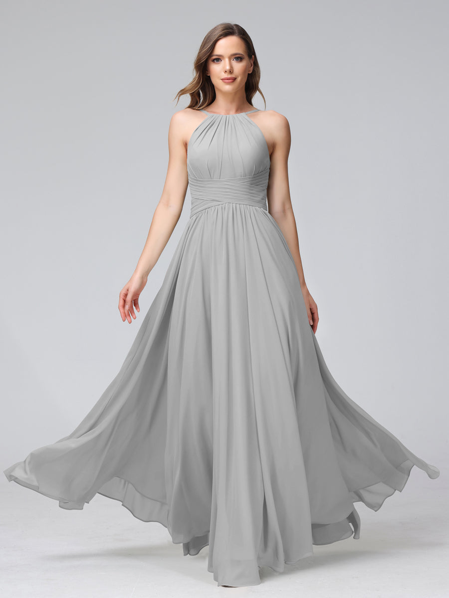 A-Line Halter Sleeveless Ruched Floor-Length Chiffon Bridesmaid Dresses Silver