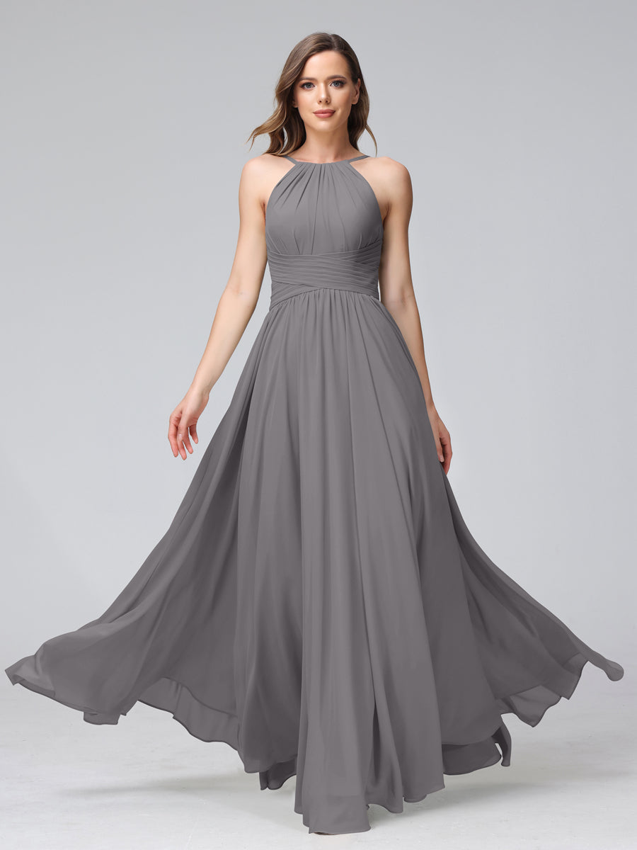 A-Line Halter Sleeveless Ruched Floor-Length Chiffon Bridesmaid Dresses Silver Gray