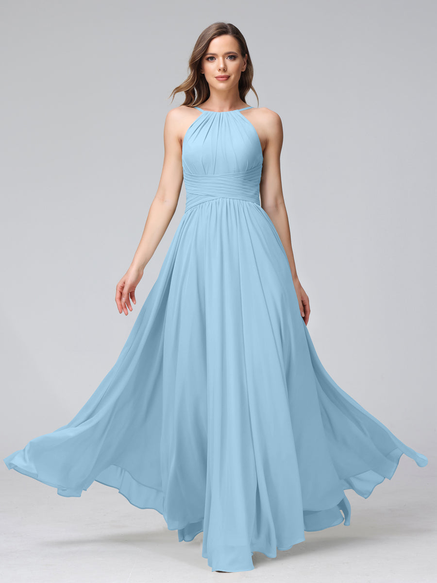 A-Line Halter Sleeveless Ruched Floor-Length Chiffon Bridesmaid Dresses Sky Blue