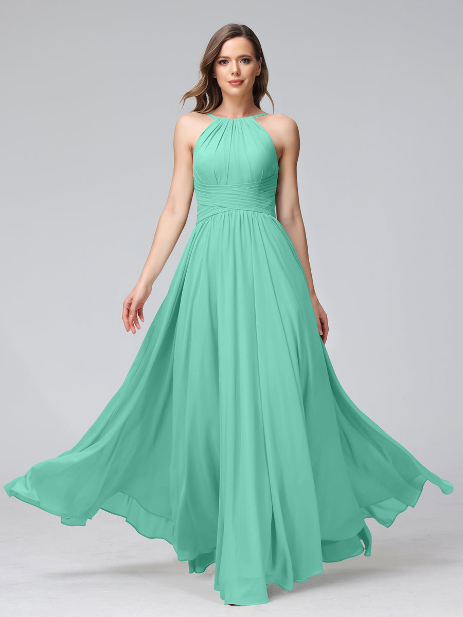 A-Line Halter Sleeveless Ruched Floor-Length Chiffon Bridesmaid Dresses Spa