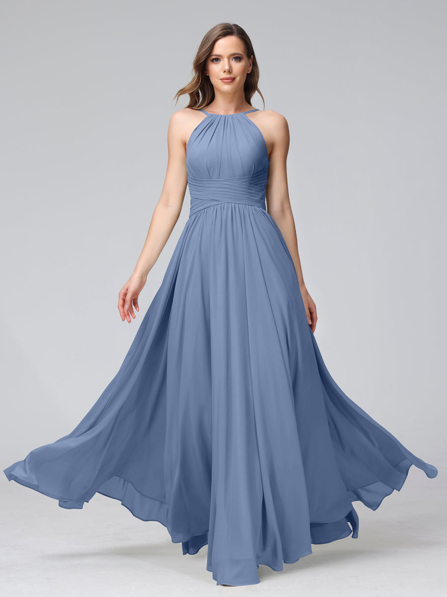 A-Line Halter Sleeveless Ruched Floor-Length Chiffon Bridesmaid Dresses Steel Blue