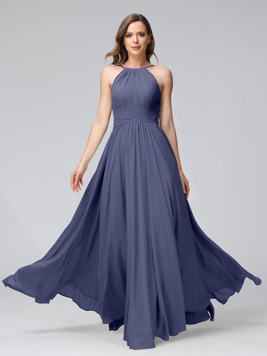 A-Line Halter Sleeveless Ruched Floor-Length Chiffon Bridesmaid Dresses Stormy Blue