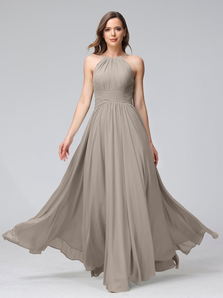 A-Line Halter Sleeveless Ruched Floor-Length Chiffon Bridesmaid Dresses Taupe