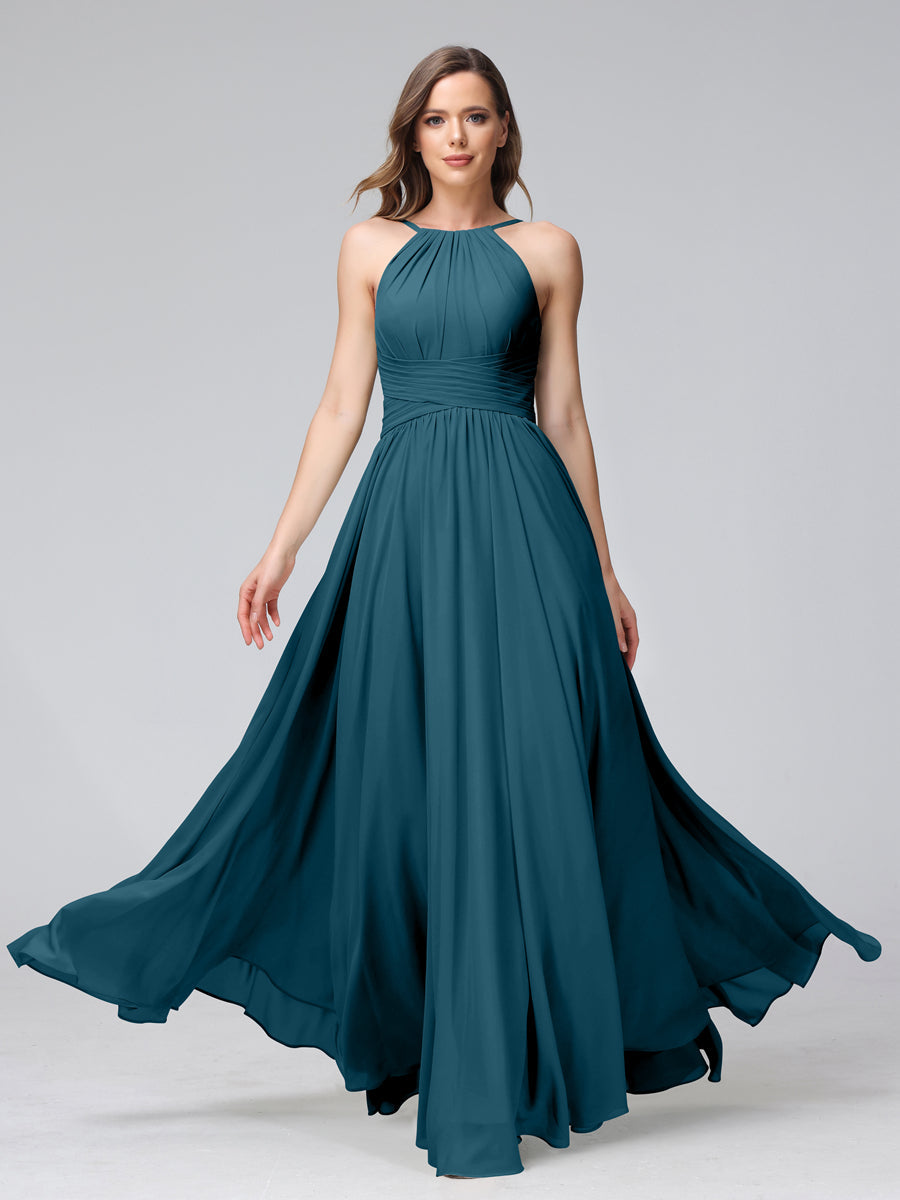 A-Line Halter Sleeveless Ruched Floor-Length Chiffon Bridesmaid Dresses Teal