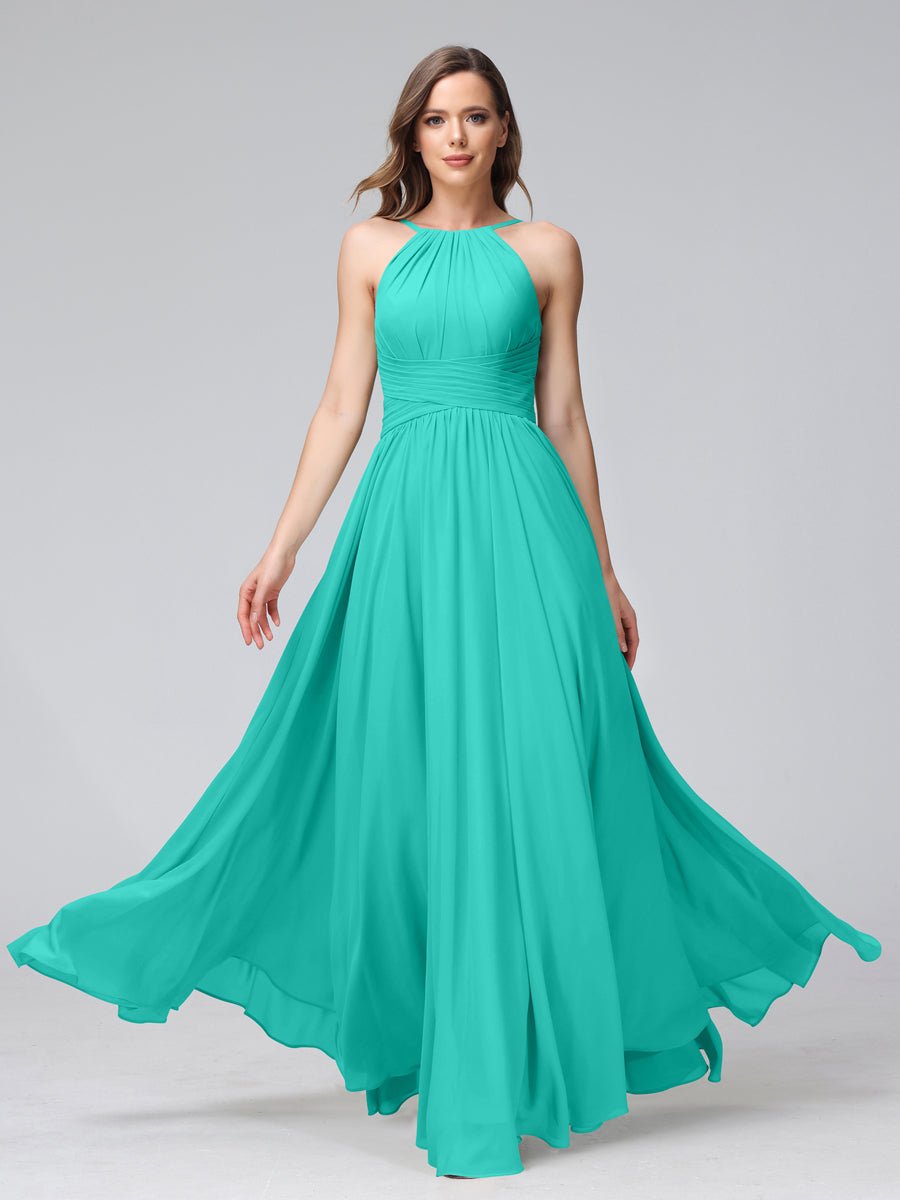 A-Line Halter Sleeveless Ruched Floor-Length Chiffon Bridesmaid Dresses Turquoise