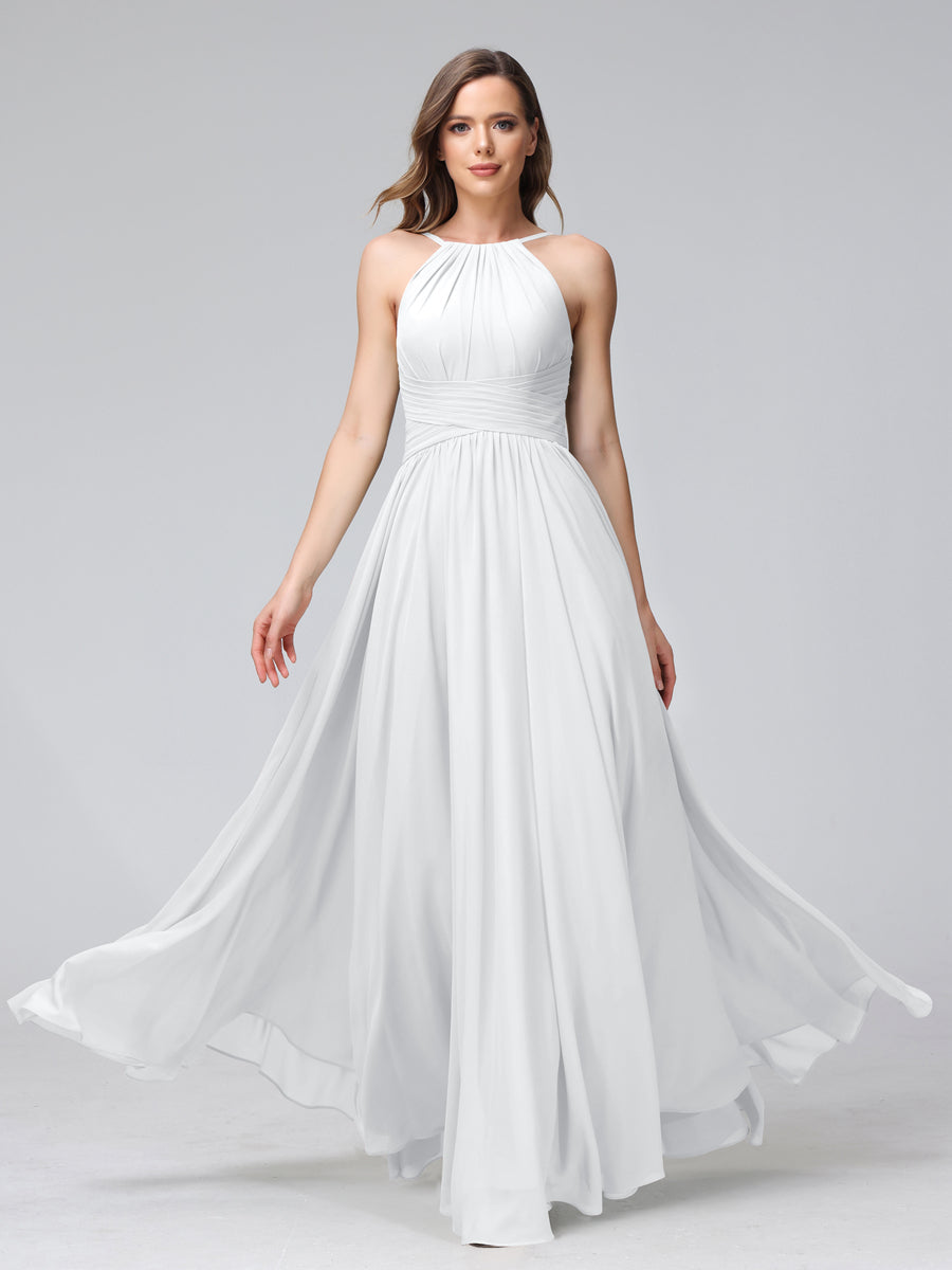 A-Line Halter Sleeveless Ruched Floor-Length Chiffon Bridesmaid Dresses White